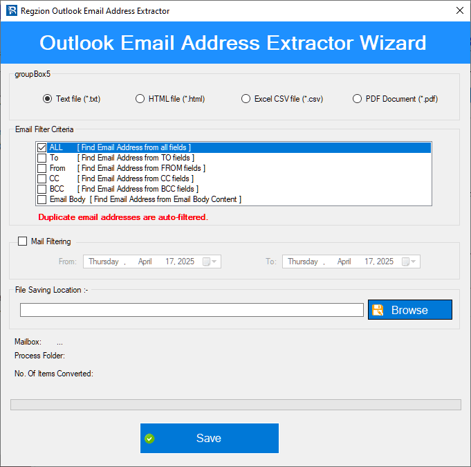 email address extraction settings