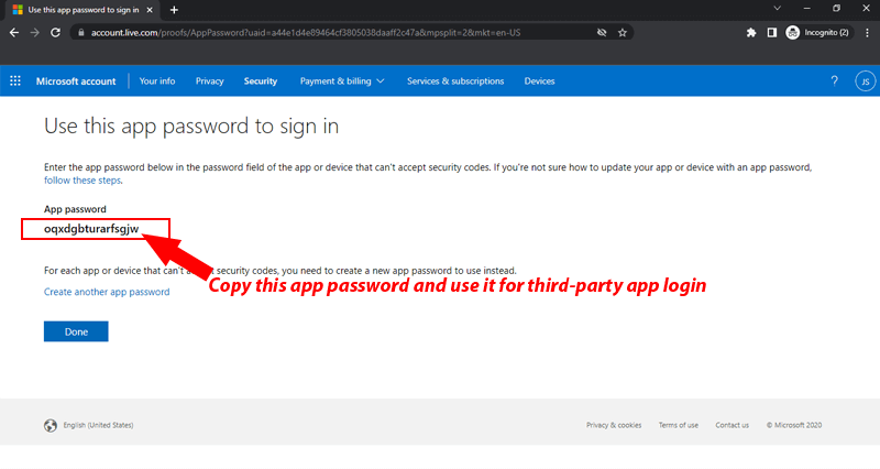 copy outlook.com app password