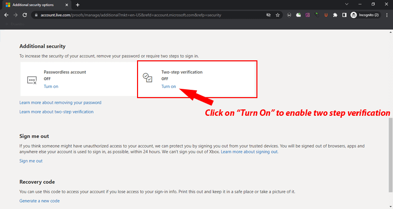 enable 2 steps verification