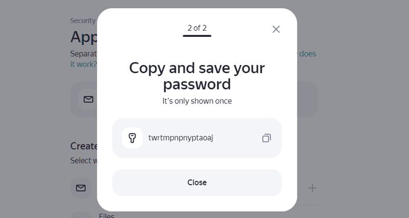 generated yandex mail third-party app password