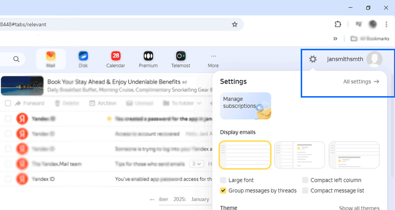 Yandex mail settings