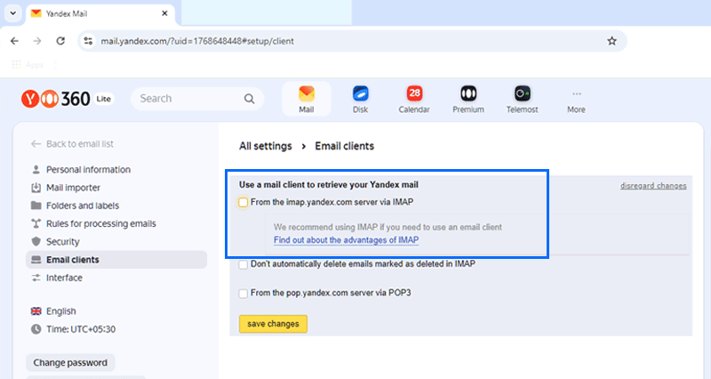 enable imap in yandex mail