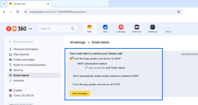 save yandex mail imap settings